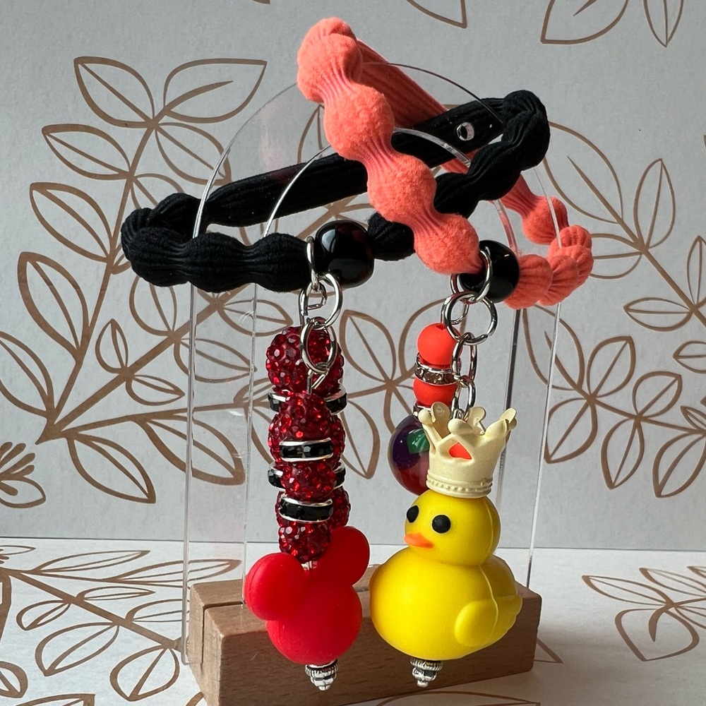 Beaded Mickey and Rubber Duck Hair Ties - Black and Orange Ties